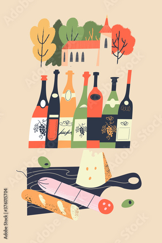 Cute village landscape and traditional food and drinks. Vector illustration.