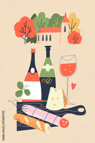 Cute village landscape and traditional food and drinks. Vector illustration.