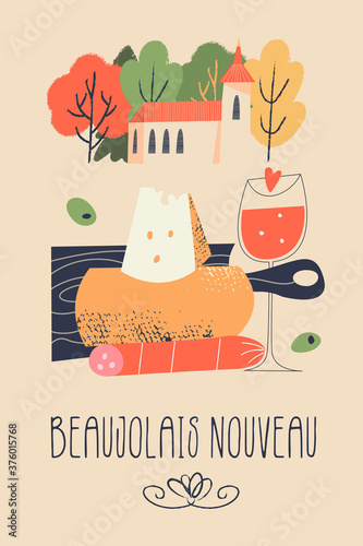 Beaujolais Nouveau, poster of a wine festival in France. Vector illustration.