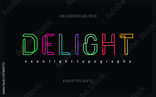 Neon light display typeface. Vector design of typography alphabet.