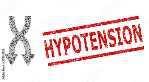 Fractal collage shuffle arrows down and Hypotension dirty stamp imitation. Vector collage is organized with scattered shuffle arrows down elements.