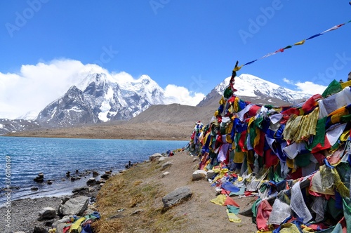 tibetan prayer flags at Gurudongmar lake in North Sikkim