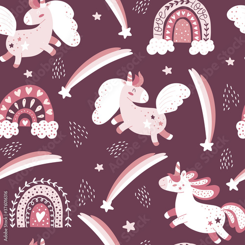 Magic background with little unicorns and rainbows.  Modern baby pattern. Vector illustration.