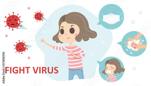 Cartoon girl character fighting with virus.