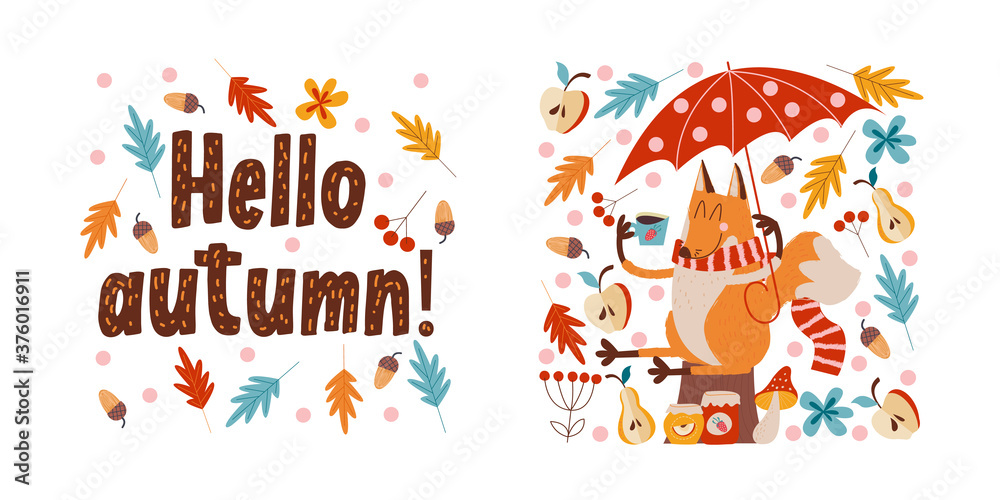 Hello, autumn. Cute red Fox with an umbrella drinking tea. Hello, autumn. Cute red Fox with an umbrella drinking tea.