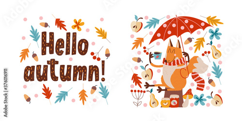 Hello, autumn. Cute red Fox with an umbrella drinking tea.