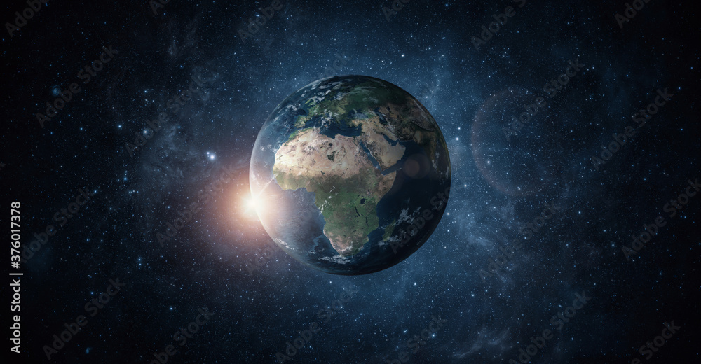 Panoramic view of planet earth with copy space, 3d render created with NASA textures from https://visibleearth.nasa.gov/