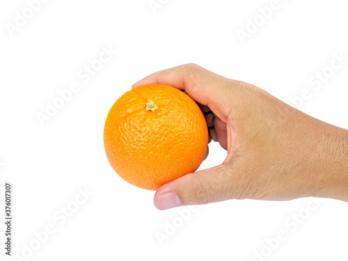 orange hold in a hand on white background