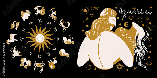 Zodiac sign Aquarius. Horoscope and astrology. Full horoscope in the circle. Horoscope wheel zodiac with twelve signs vector.