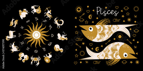 Zodiac sign Pisces. Horoscope and astrology. Full horoscope in the circle. Horoscope wheel zodiac with twelve signs vector.