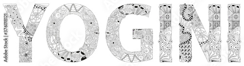 Word YOGINI. Vector zentangle object for coloring