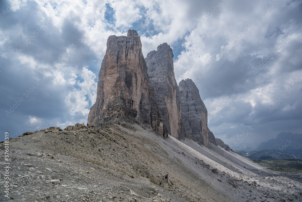 View of the iconic Tre Cime di Lavaredo peaks as seen from the trail to  Locatelli refuge from Lavaredo refuge via Paterno pass, Sesto/Sexten Dolomites, South Tirol, Italy.