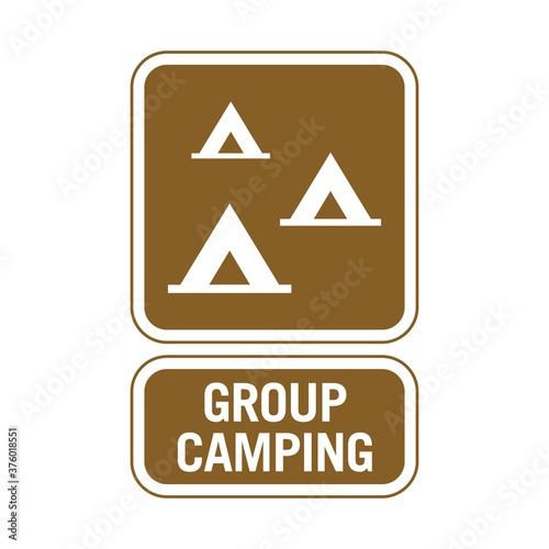 Group camping sign. Vector illustration of sign for camp area. Leisure activity symbol. Brown rectangular board isolated on white background.
