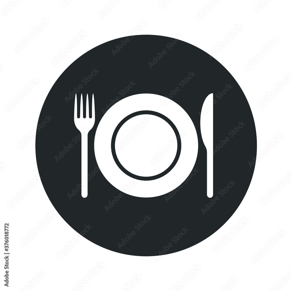 Fork knife and plate icon logo. Simple flat shape restaurant or cafe place sign. Kitchen and diner menu symbol. Vector illustration image. Black silhouette isolated on white background. Fork knife and plate icon logo. Simple flat shape restaurant or cafe place sign. Kitchen and diner menu symbol. Vector illustration image. Black silhouette isolated on white background.