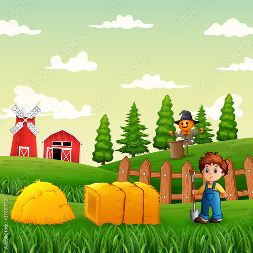 Illustration of young farmer working in a farmland