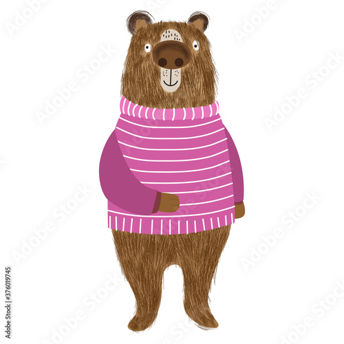 Cartoon cute shaggy bear in a beautiful striped sweater, animalistic postcard, poster, print. Vector illustration.