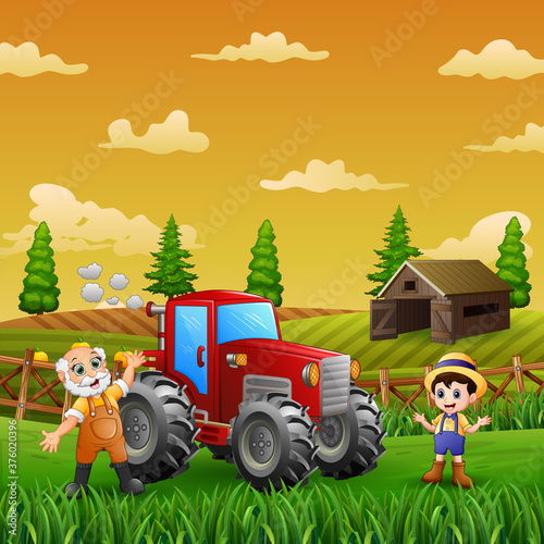 Cheerful the farmer at the farm land landscape