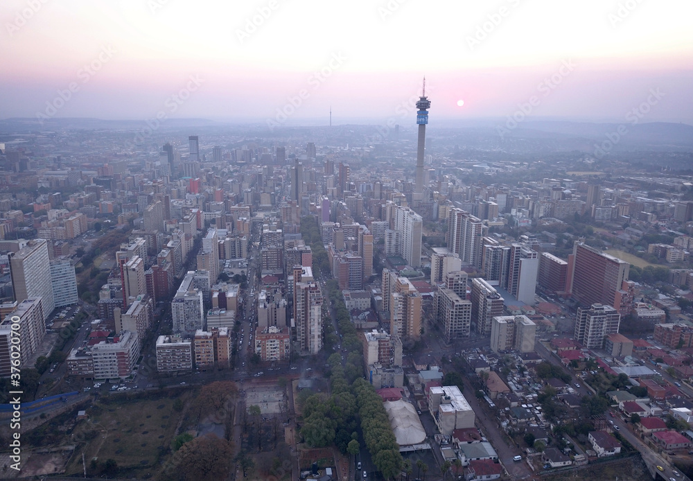 Naklejka premium Aerial view of Johannesburg CBD at sunset, South Africa