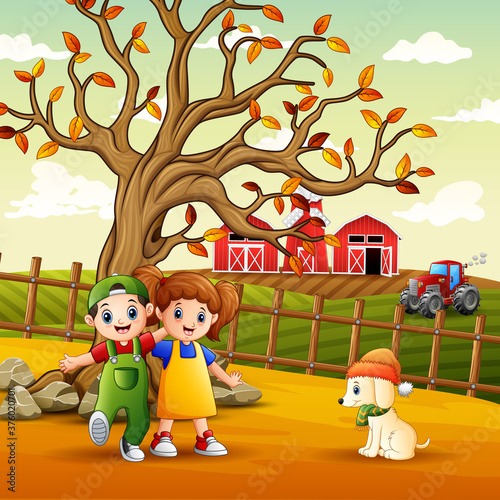Illustration of children playing in the farm