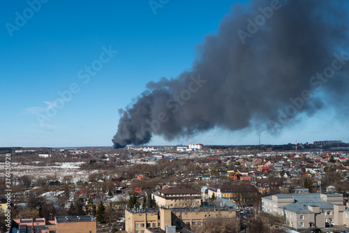Moscow region/Russia - January 2020: a Fire outside the city. Lots of smoke.