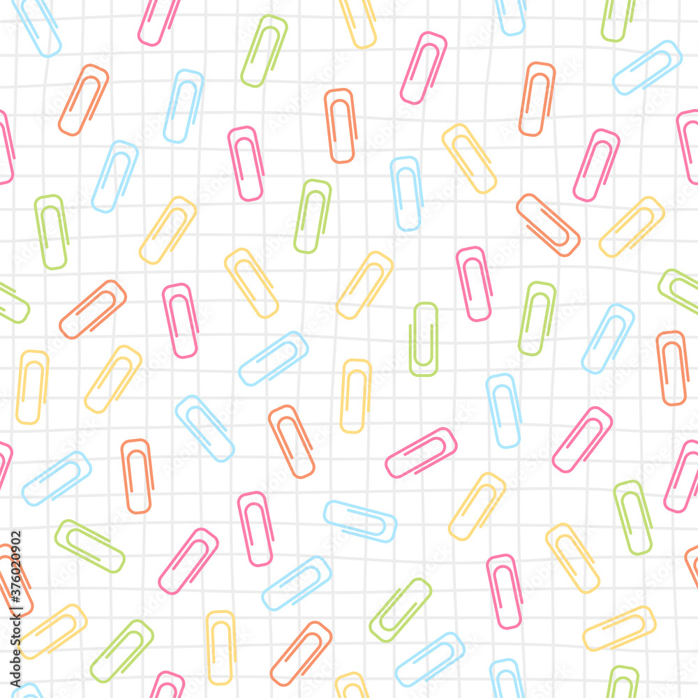 School seamless pattern with various colorful clip on checkered background. Vector illustration on white background. Print for fabric, web page background, scrapbooking and wrapping paper. School seamless pattern with various colorful clip on checkered background. Vector illustration on white background. Print for fabric, web page background, scrapbooking and wrapping paper.