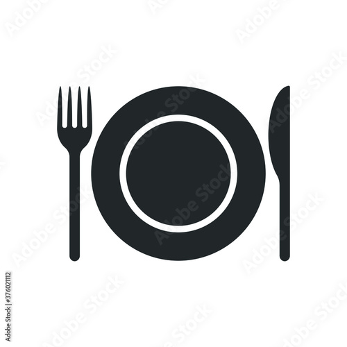 Fork knife and plate icon logo. Simple flat shape restaurant or cafe place sign. Kitchen and diner menu symbol. Vector illustration image. Black silhouette isolated on white background.