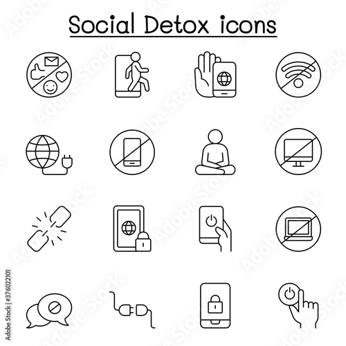 Digital detoxing icons set in thin line style