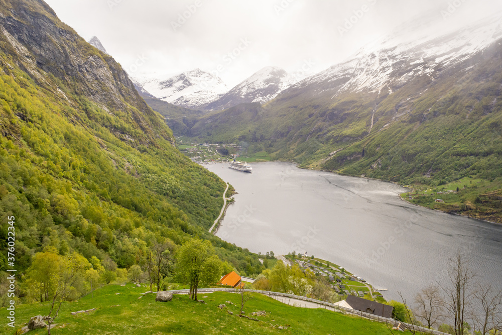 View on Geiranger Fjord in Norway. Landscape, nature, travel and tourism.