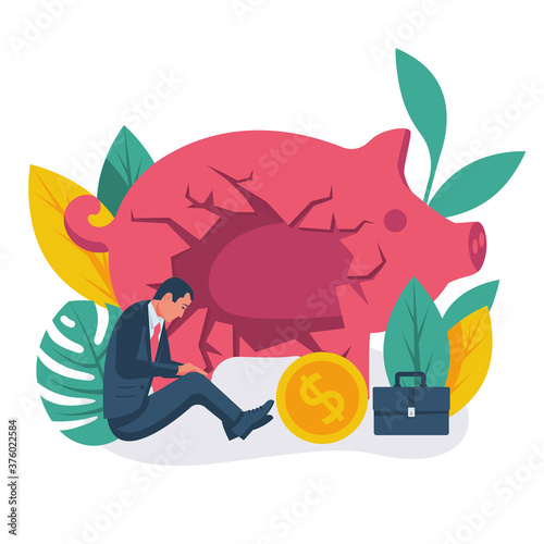 The poor man sits near a broken piggy bank. No money. landing page bankruptcy. Vector illustration flat design. Isolated on white background. Sad businessman. Financial crisis template web banner.