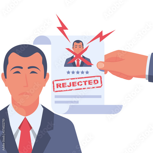 Reject resume. Head hunter holds a stamped candidate document rejecting a job application. Sad business manager. Job search. Vector flat design. Isolated on white background. Bad news about work.