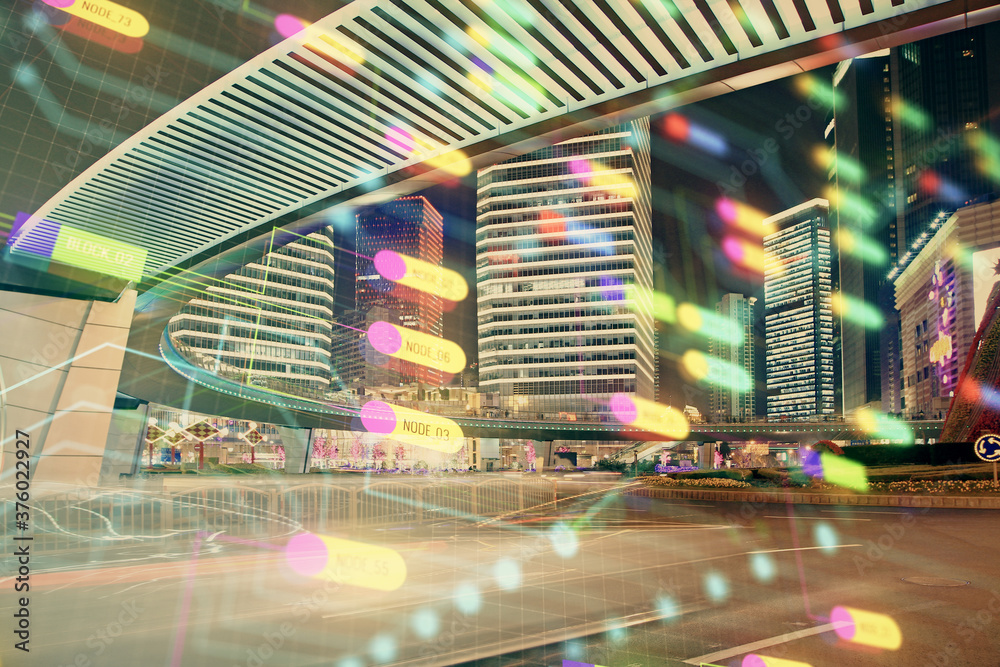 Fototapeta premium Data theme hologram drawing on city view with skyscrapers background double exposure. Ai concept.