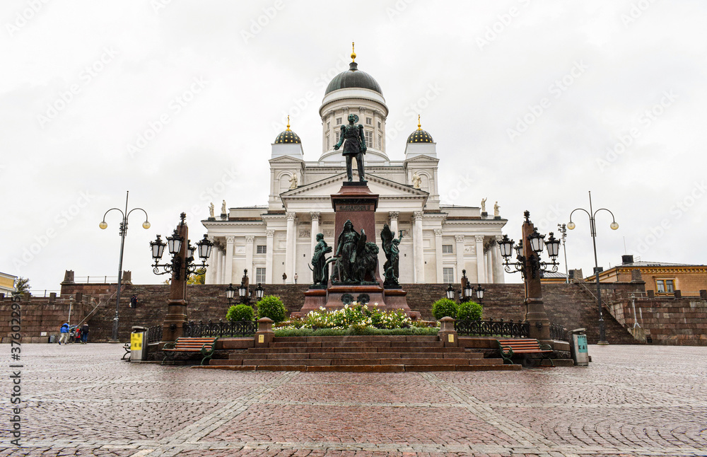 Cathedral of helsinki and square senaatintori in finland stock photo