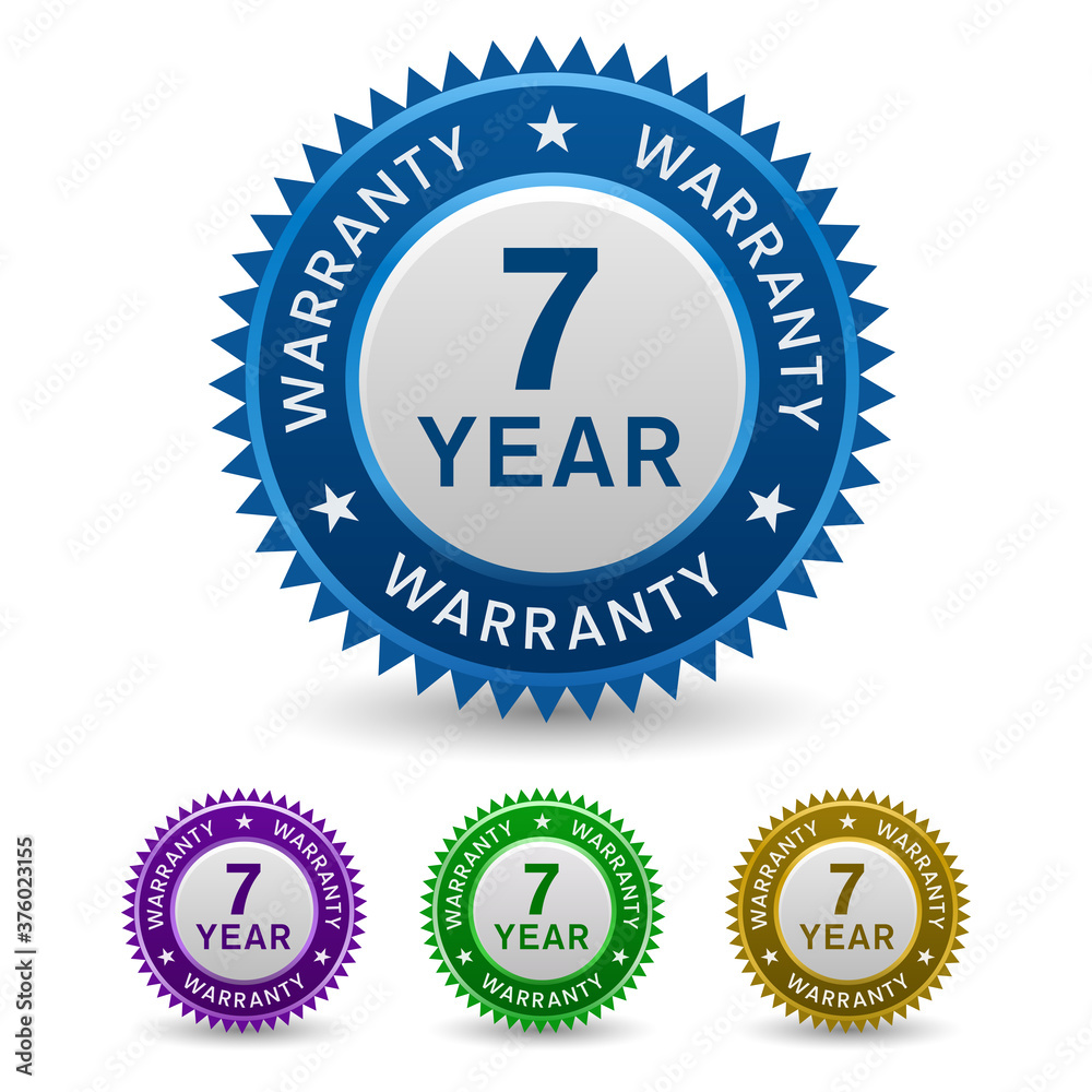 Colorful, Powerful 7 Year Warranty sign, badge, Seal isolated on white background. Colorful, Powerful 7 Year Warranty sign, badge, Seal isolated on white background.