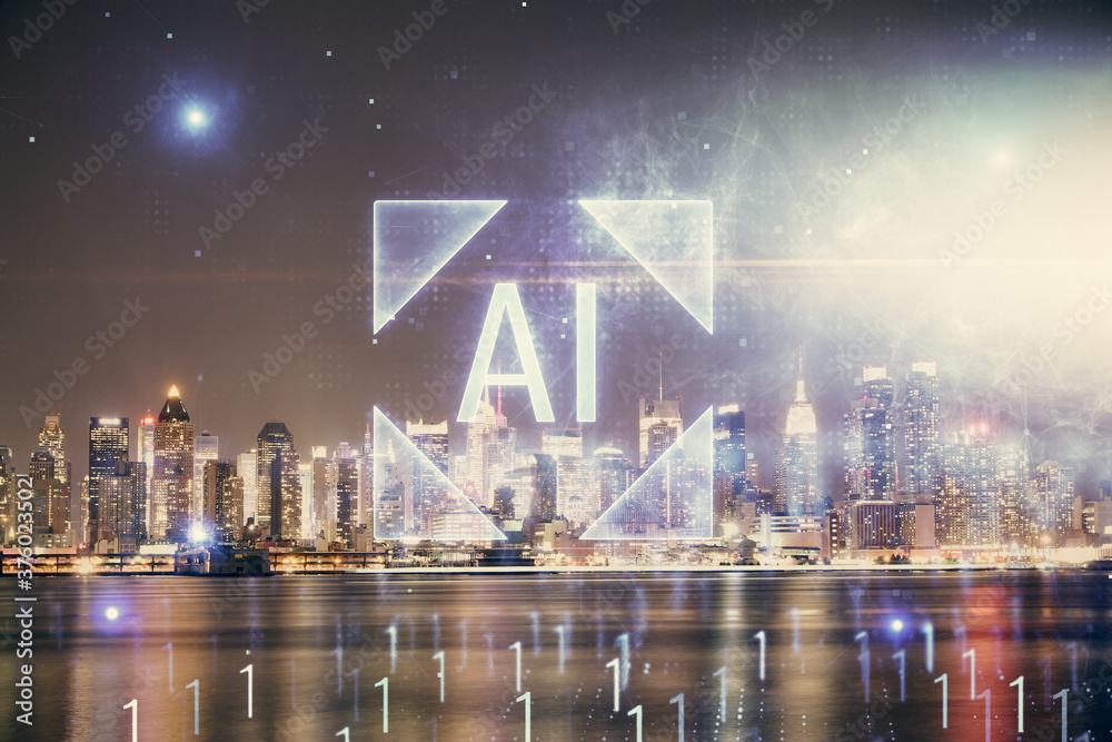 Data theme hologram drawing on city view with skyscrapers background multi exposure. Ai concept. Data theme hologram drawing on city view with skyscrapers background multi exposure. Ai concept.
