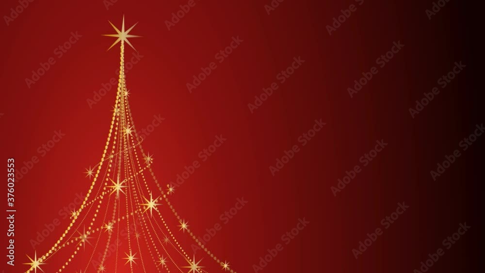 Shiny and flashing golden christmas tree with copy space. Cartoon, 2D animation. Loop footage 4k