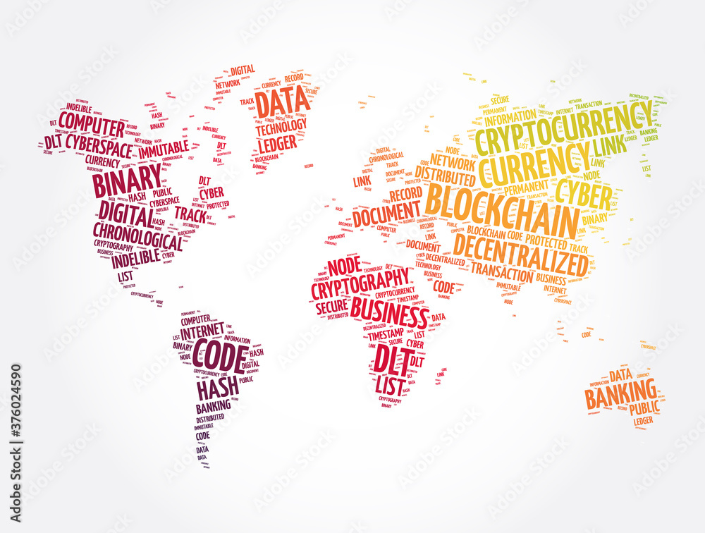 Blockchain word cloud in shape of world map, technology concept ...