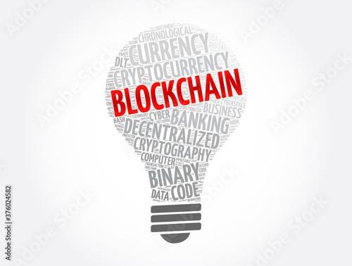 Blockchain light bulb word cloud collage, technology concept background