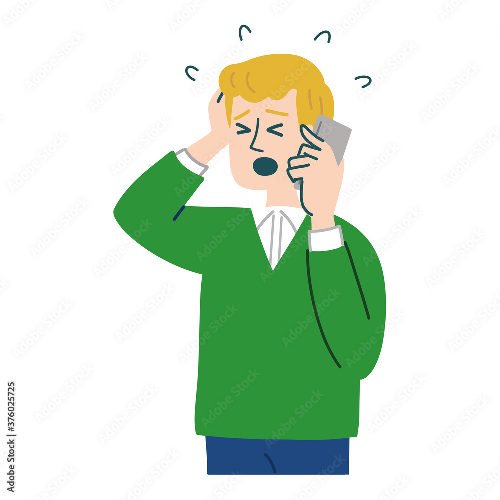 男性　外国人　ブロンド　携帯電話　スマホ　衝撃　焦っている
