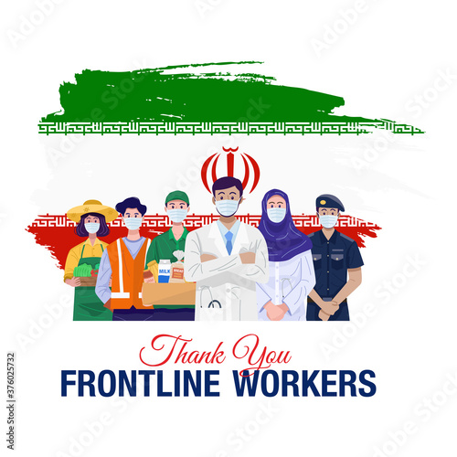 Thank you frontline workers. Various occupations people standing with flag of Iran. Vector