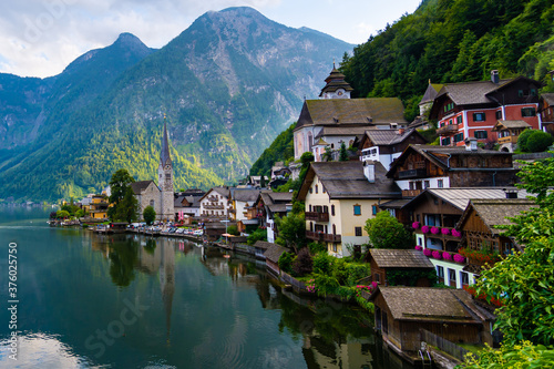 Hallstatt in Austria. A beautiful town with traditional houses by the lake. 