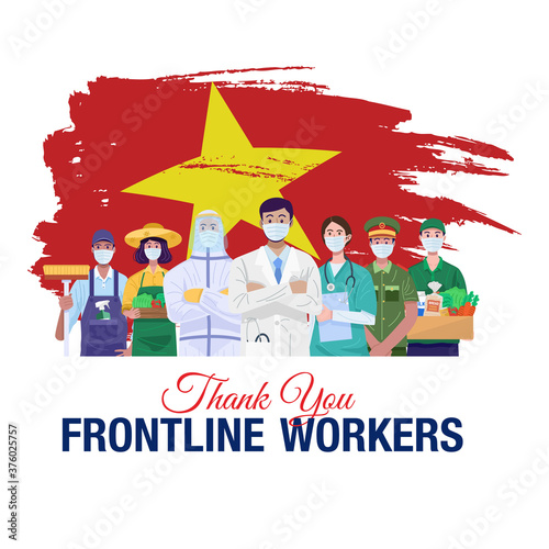 Thank you frontline workers. Various occupations people standing with flag of Vietnam. Vector