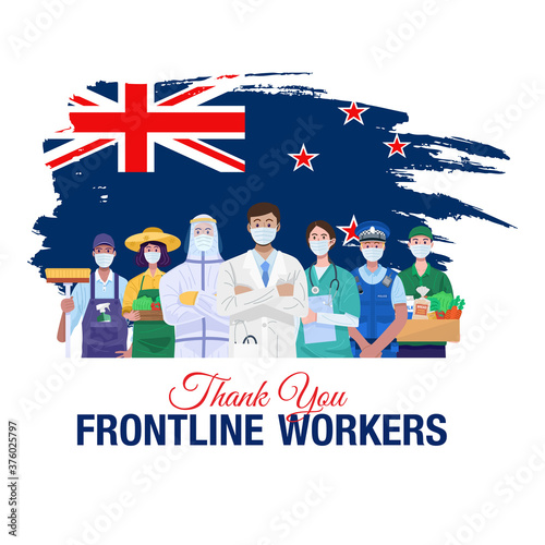 Thank you frontline workers. Various occupations people standing with flag of New Zealand. Vector