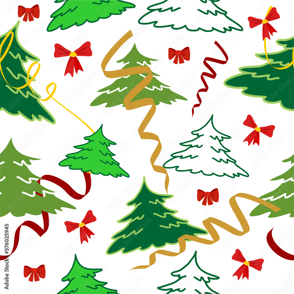 Vector seamless background with Christmas tree, bows and serpentine for Christmas and New Year design isolated on white