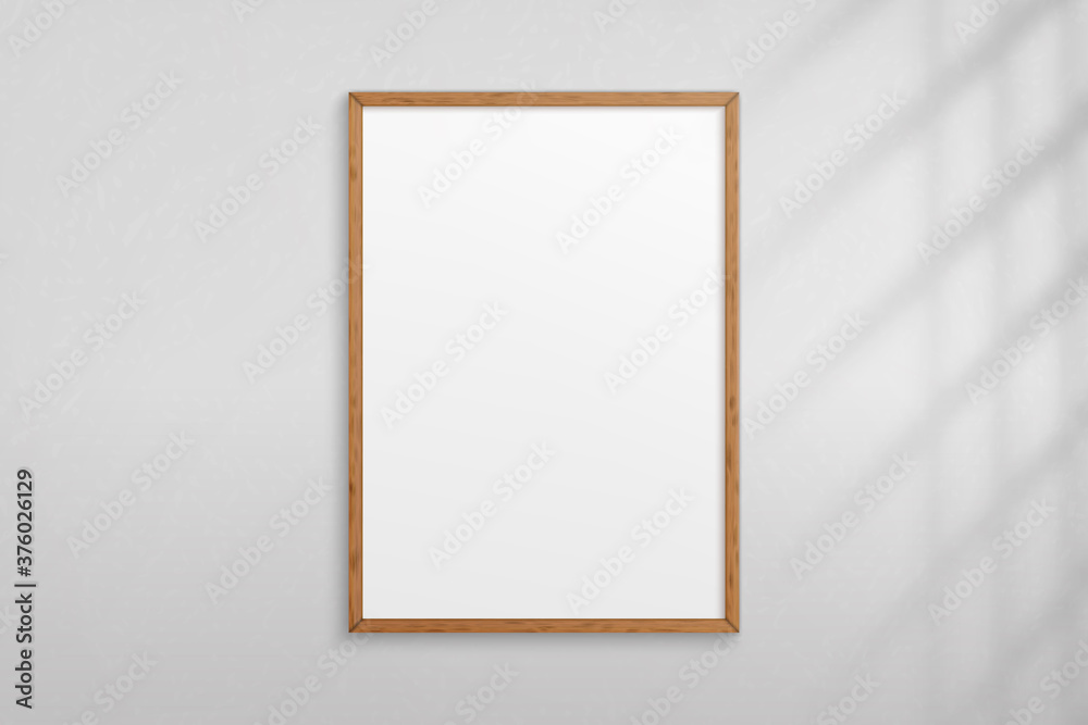 Mockup wood frame photo on wall. Mock up wooden picture framed. Vertical boarder with shadow. Empty photoframe a4 isolated on background. Border for design prints poster and painting image. Vector