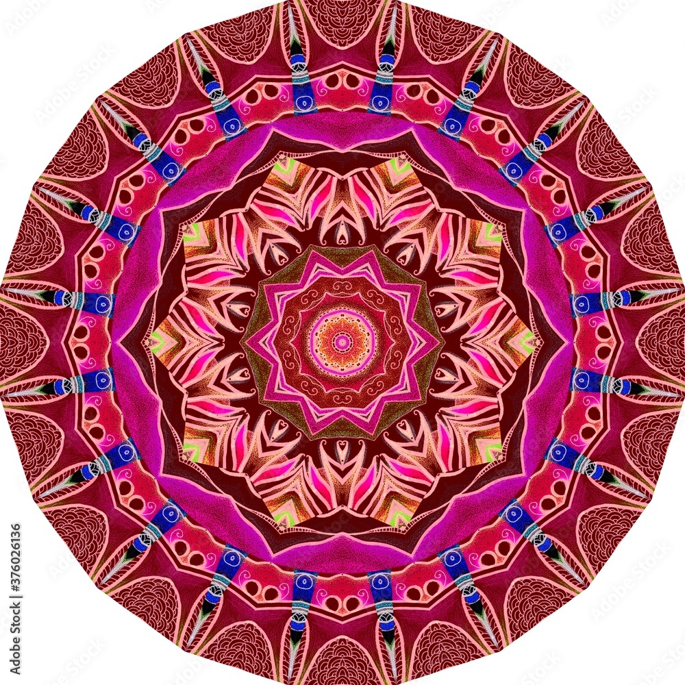 Beautiful round rug in ethnic style with a mandala star and a decorative frame in red and raspberry colors.