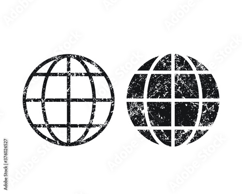 Globe vector icon with grunge texture. Web or network and internet symbol. Earth sphere and geography sign. Geology logo. Isolated on white background.