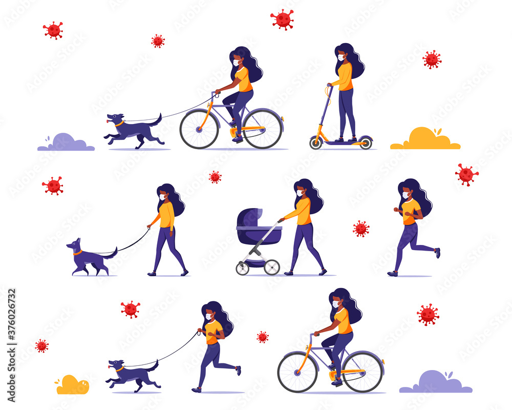 Black woman doing outdoor activities during pandemic. Black woman in face mask. Walk with dog, child, riding bicycle, jogging