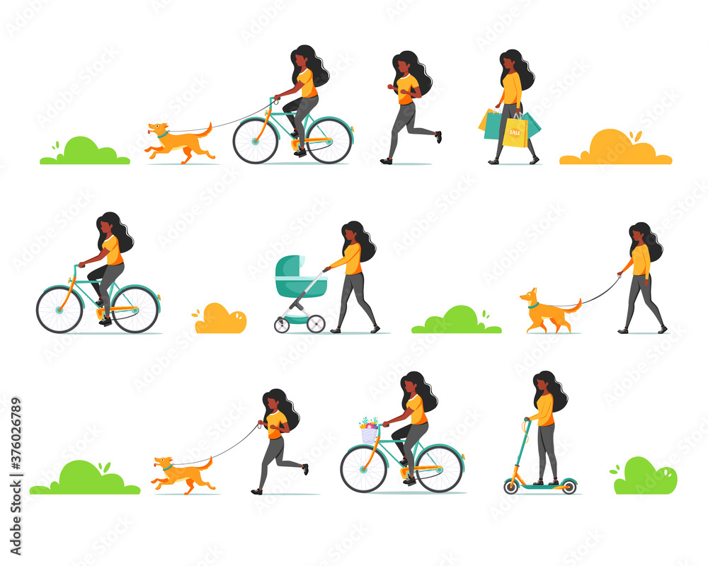Black woman doing various outdoor activities: walk with dog, child, riding bicycle, scooter, jogging 