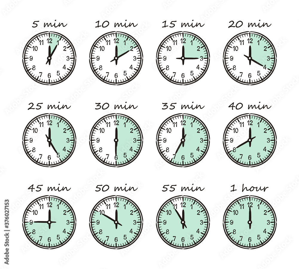 Time intervals on different dials. 5 minutes, 10 minutes, half an hour. Set of hand-drawn watches isolated on a white background. Vector illustration in doodle style for change or cooking time. Time intervals on different dials. 5 minutes, 10 minutes, half an hour. Set of hand-drawn watches isolated on a white background. Vector illustration in doodle style for change or cooking time.