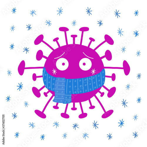 Cartoon coronavirus bacteria in blue scarf with snowflakes. Isolated on white background. Vector stock illustration.
